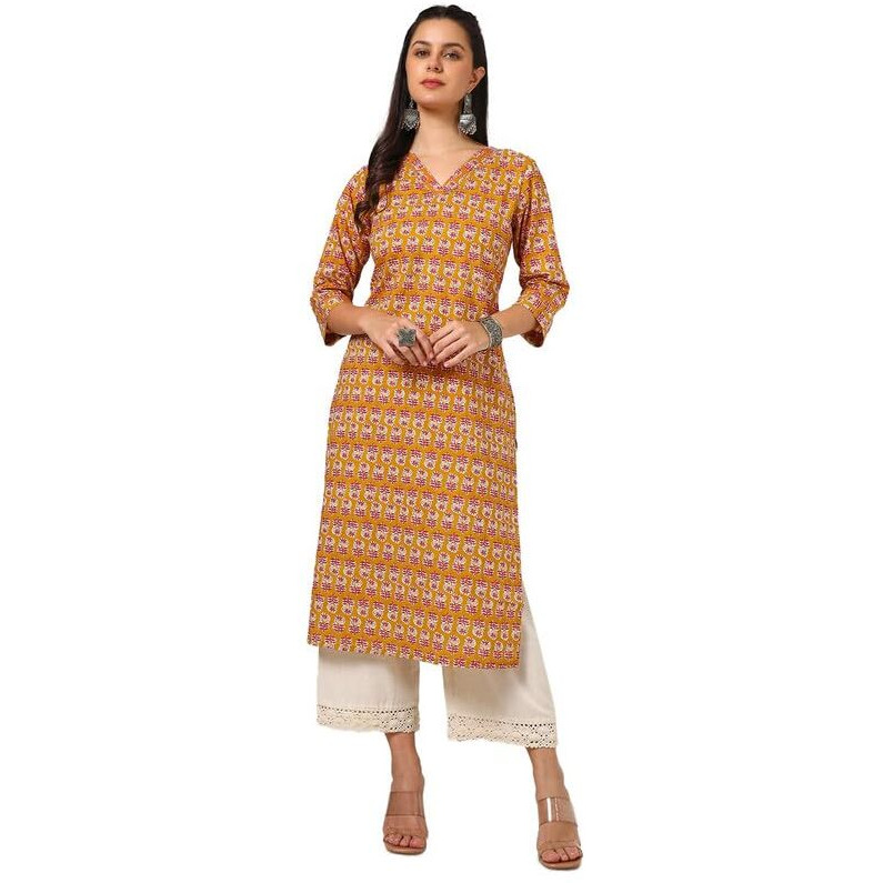Soch Womens Mustard Cotton Botanical Print Kurta With Gotta Patti