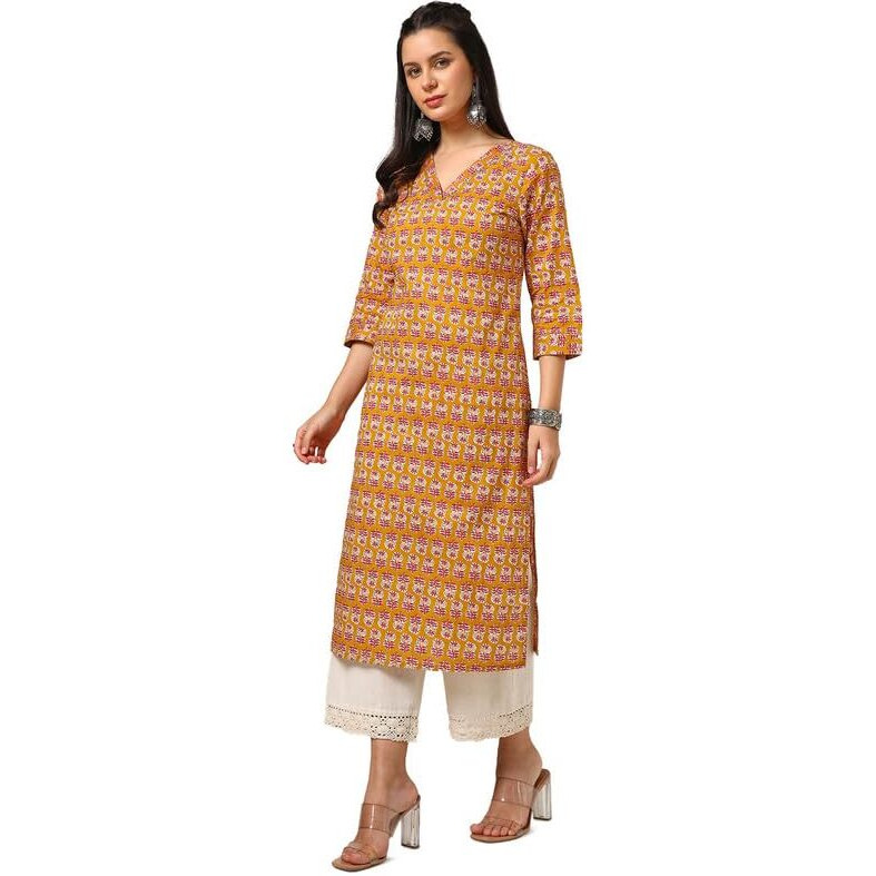 Soch Womens Mustard Cotton Botanical Print Kurta With Gotta Patti