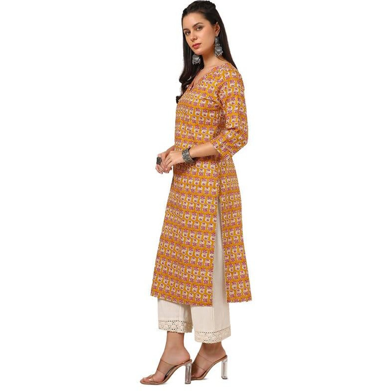 Soch Womens Mustard Cotton Botanical Print Kurta With Gotta Patti