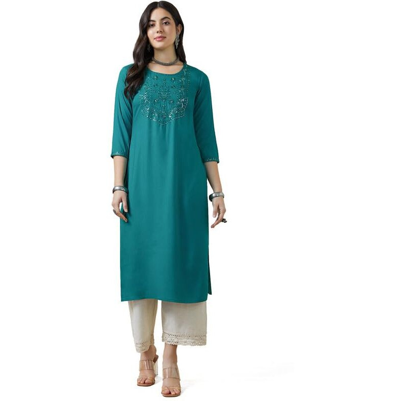 Soch Womens Teal Rayon Embroidered Straight Kurta