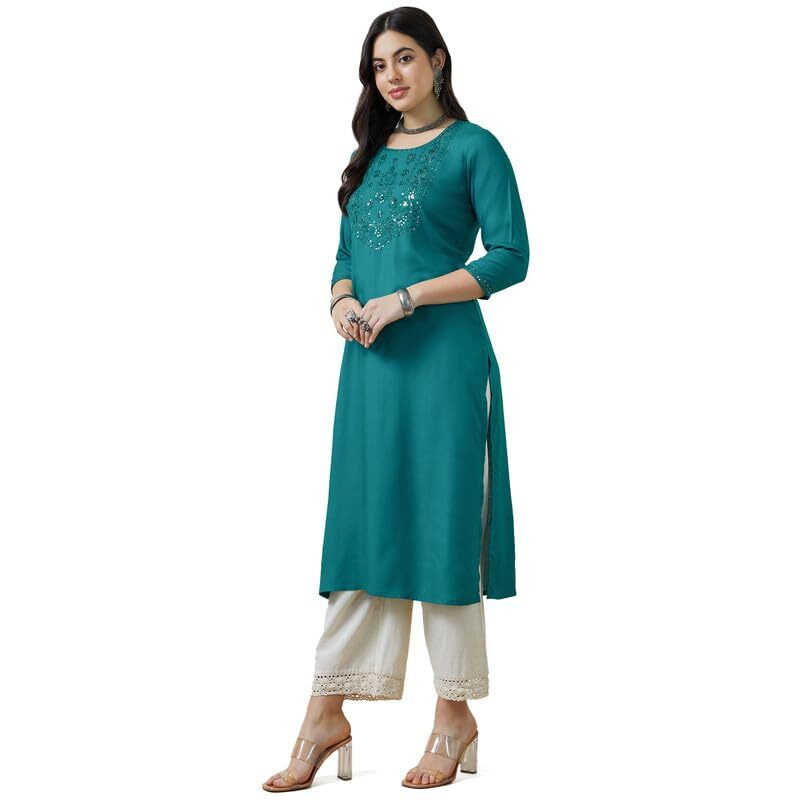 Soch Womens Teal Rayon Embroidered Straight Kurta
