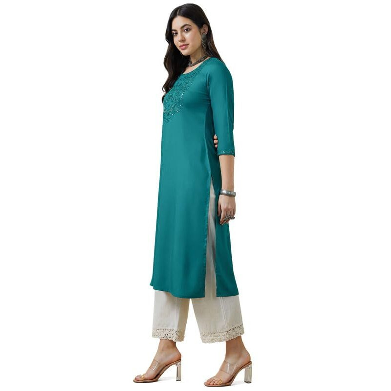 Soch Womens Teal Rayon Embroidered Straight Kurta