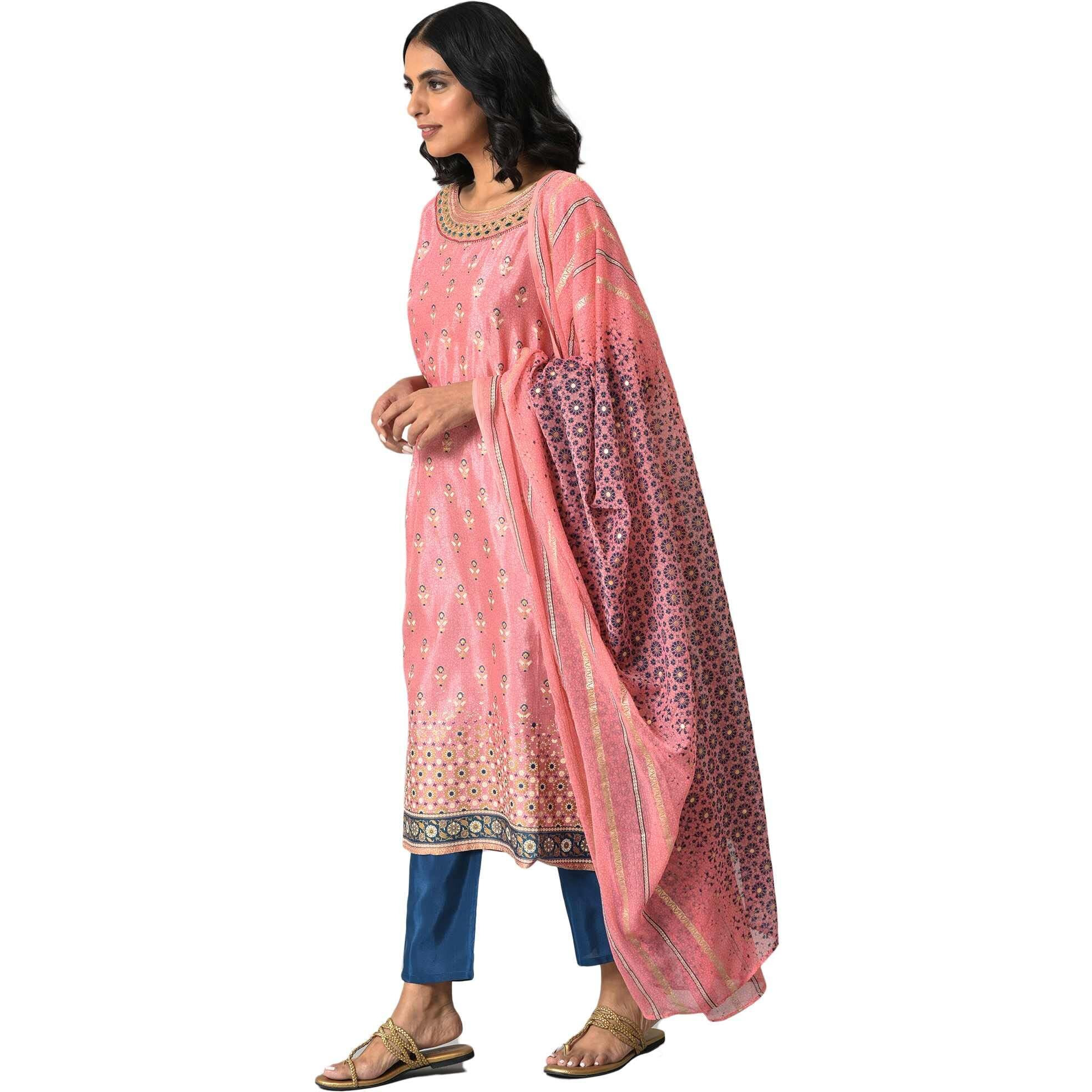 Aurelia Women Liva Pink Printed Kurta With Blue Trousers And Pink Dupatta_22Aud10495-503222_Xxl