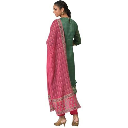 Green Zari Embroidered Kurta With Pink Trousers And Dupatta