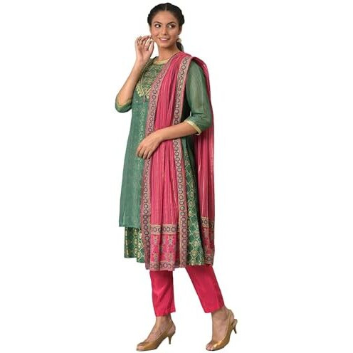 Green Zari Embroidered Kurta With Pink Trousers And Dupatta