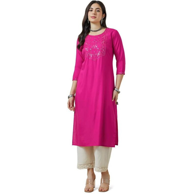 Soch Womens Fuchsia Rayon Embroidered Kurta With Sequins