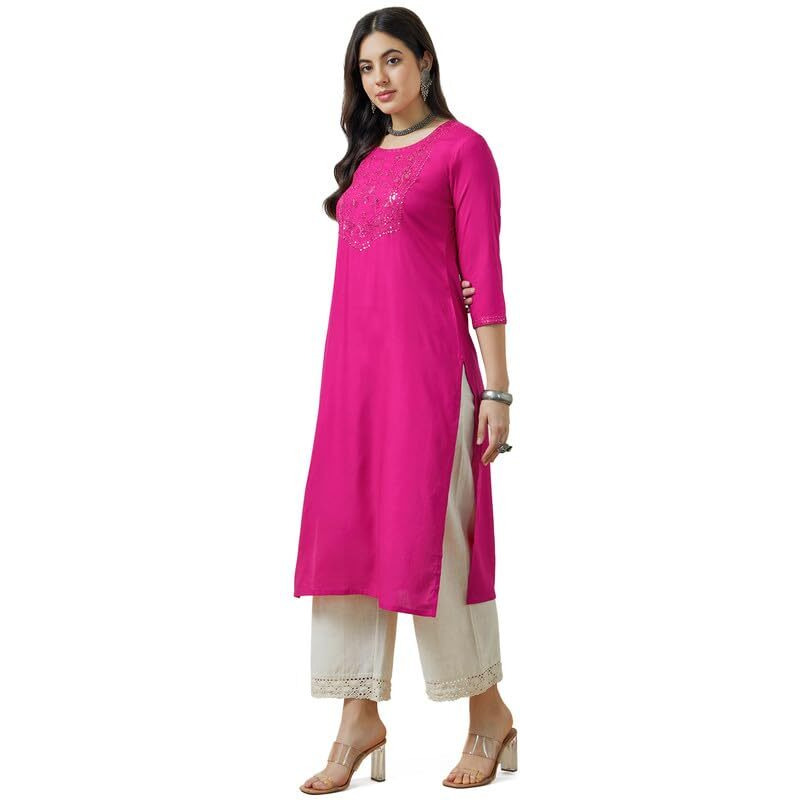 Soch Womens Fuchsia Rayon Embroidered Kurta With Sequins