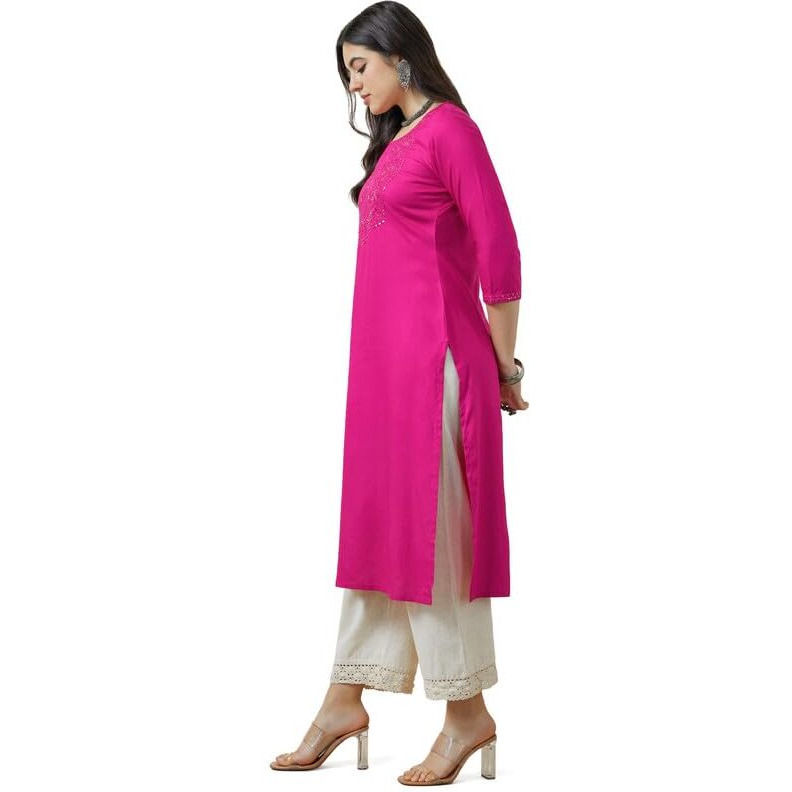Soch Womens Fuchsia Rayon Embroidered Kurta With Sequins