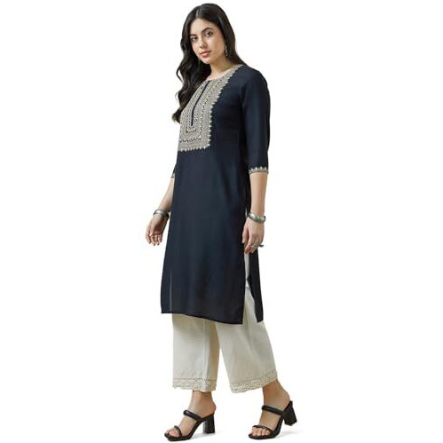 Soch Womens Black Yoke Embroidered Rayon Straight Kurta