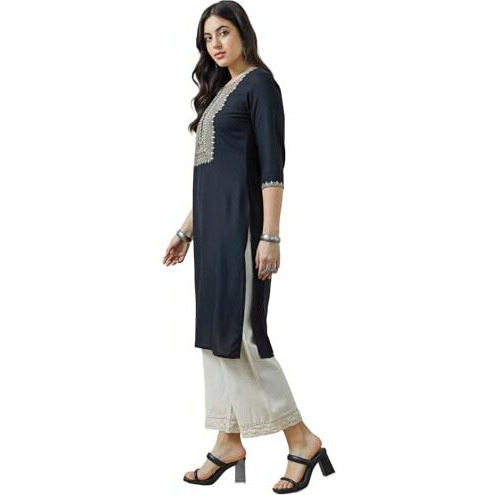 Soch Womens Black Yoke Embroidered Rayon Straight Kurta