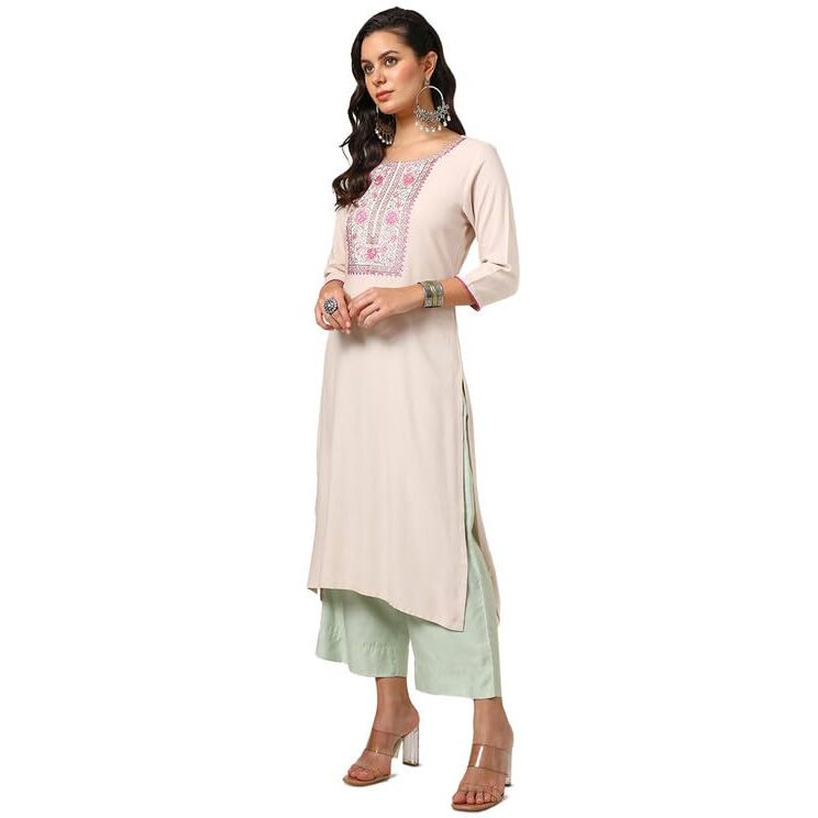 Soch Womens Beige Rayon Embroidered Kurta With Thread Work