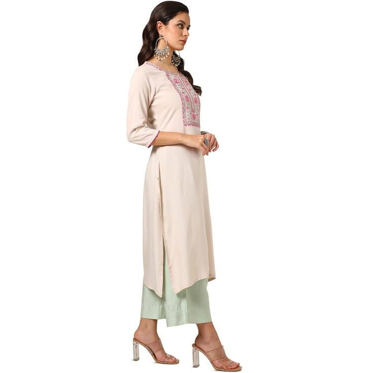 Soch Womens Beige Rayon Embroidered Kurta With Thread Work
