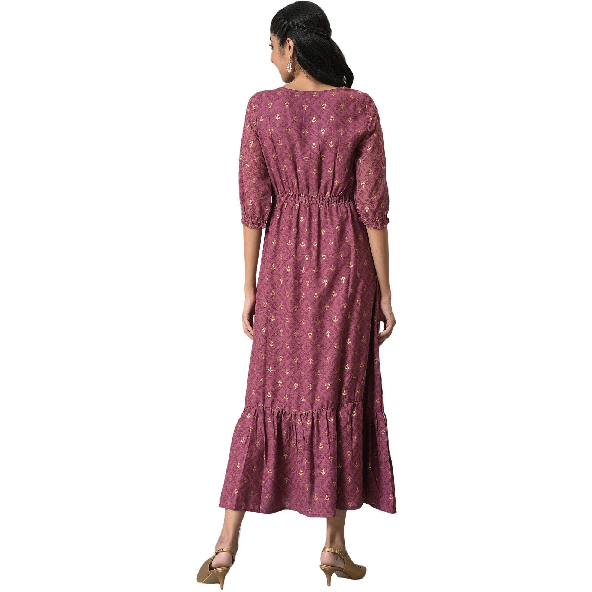 Aurelia Women's Maroon Blouson Sleeves Dress With Placement Print_22Aud10479-504031_S