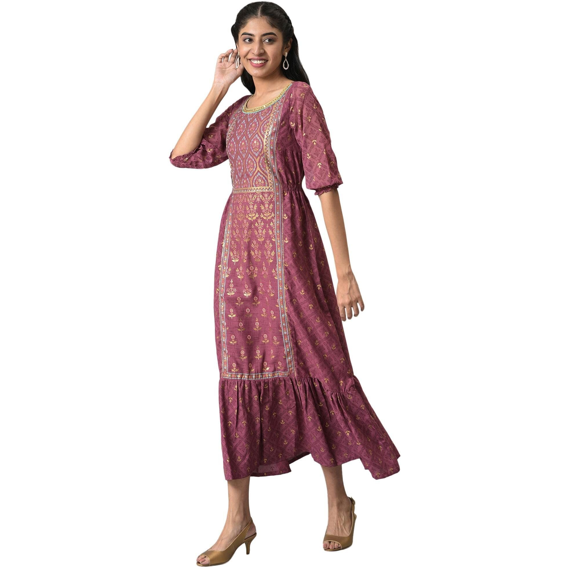 Aurelia Women's Maroon Blouson Sleeves Dress With Placement Print_22Aud10479-504031_S
