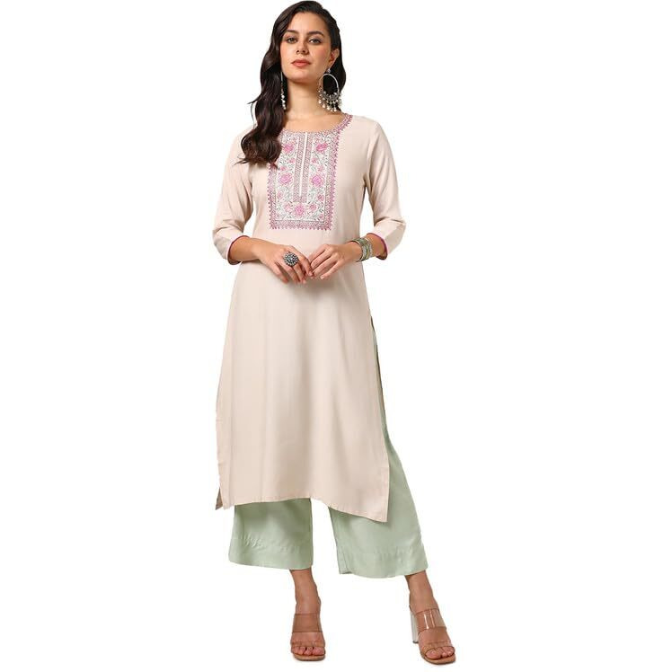 Soch Womens Beige Rayon Embroidered Kurta With Thread Work