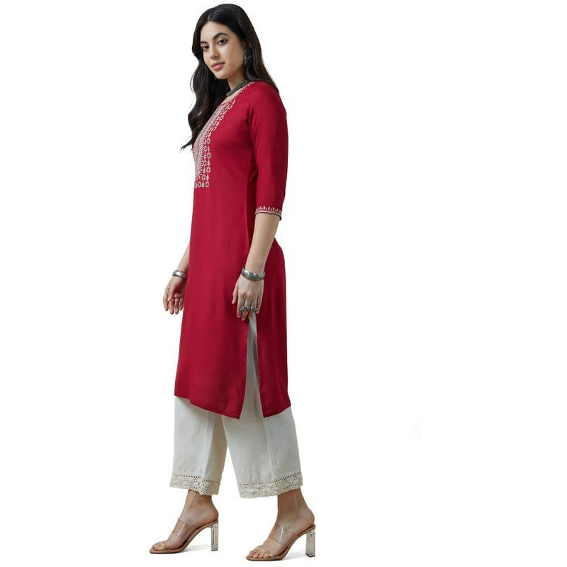 Soch Womens Maroon Rayon Zari Embroidered Kurta