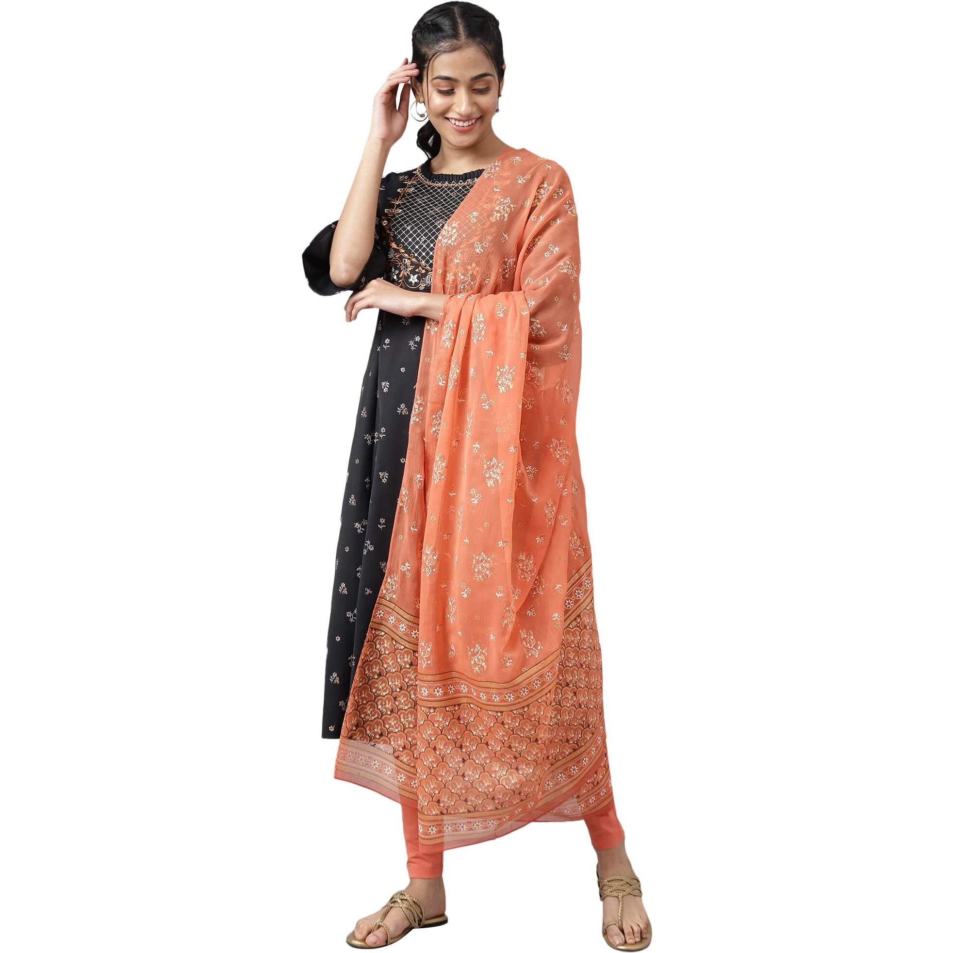 Aurelia Black Floral Printed Glitter Embellished Kurta Dupatta Bottomwear