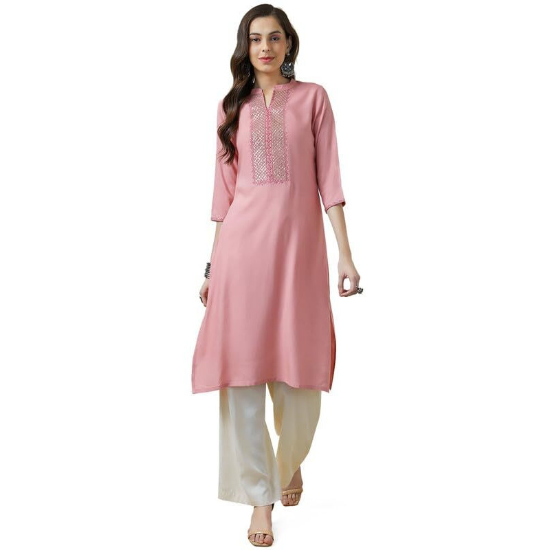 Soch Womens Peach Rayon Mandarin Collar Kurta With Sequins