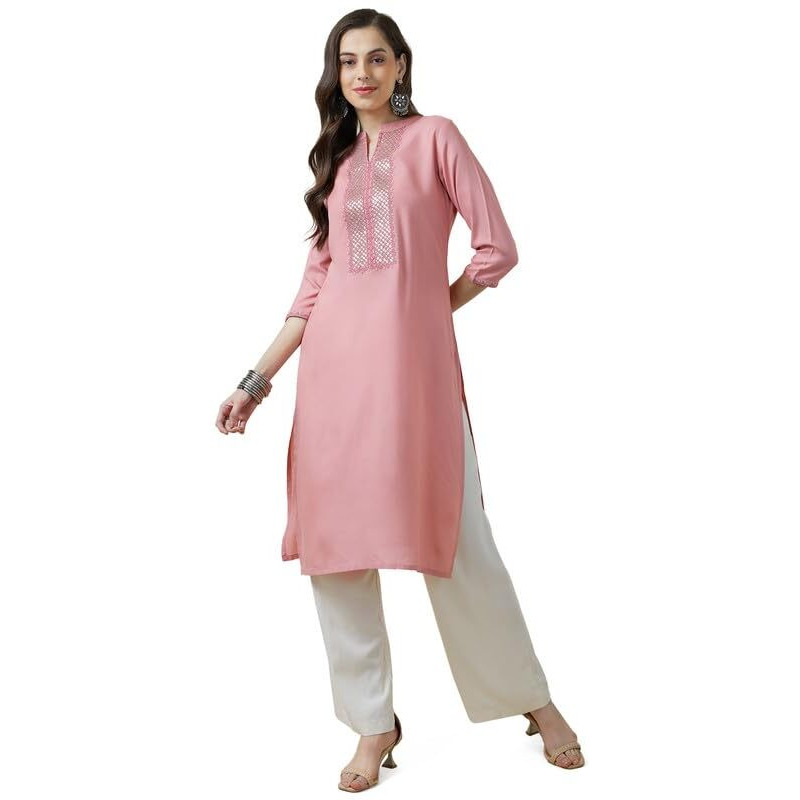 Soch Womens Peach Rayon Mandarin Collar Kurta With Sequins