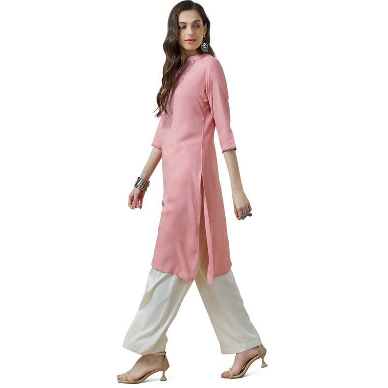 Soch Womens Peach Rayon Mandarin Collar Kurta With Sequins