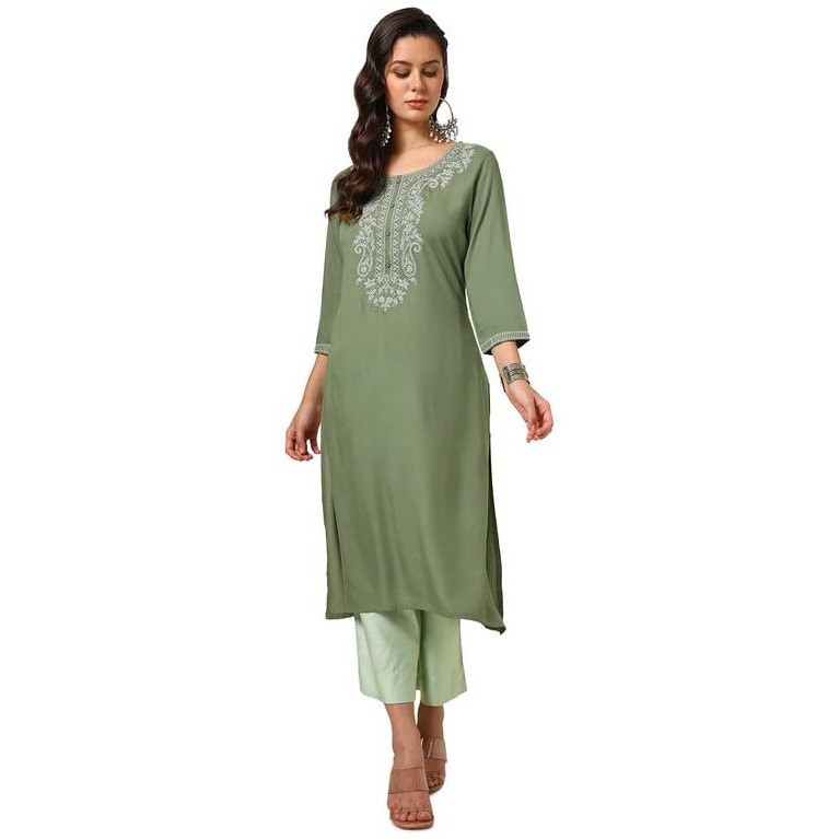 Soch Womens Olive Rayon Embroidered Kurta