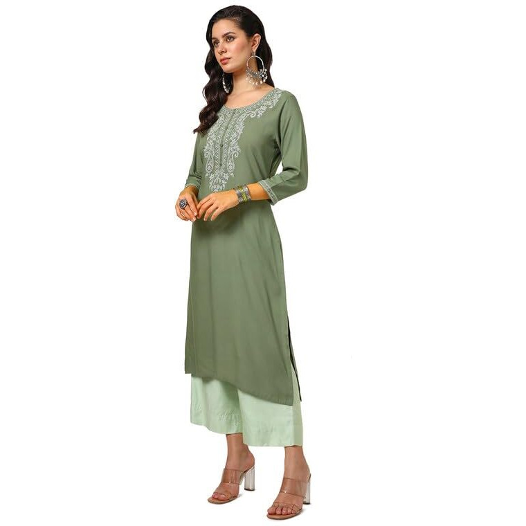 Soch Womens Olive Rayon Embroidered Kurta