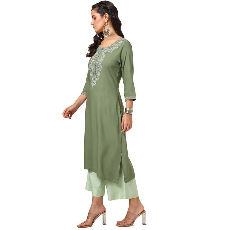 Soch Womens Olive Rayon Embroidered Kurta