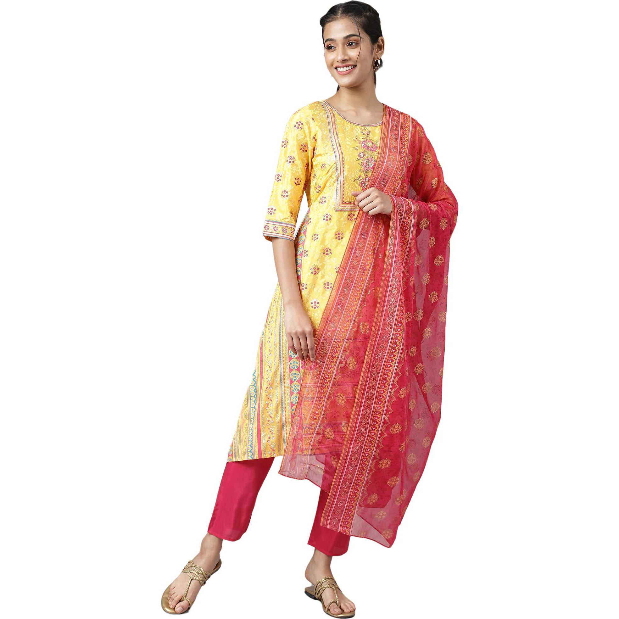 Aurelia Women's Liva Yellow Asymmetric Kurta With Pink Trouser And Dupatta_22Aud10476-504001_Xxl
