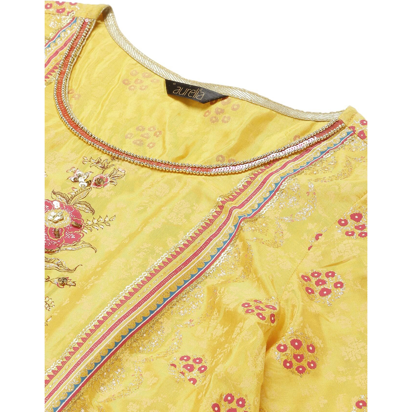 Aurelia Women's Liva Yellow Asymmetric Kurta With Pink Trouser And Dupatta_22Aud10476-504001_Xxl