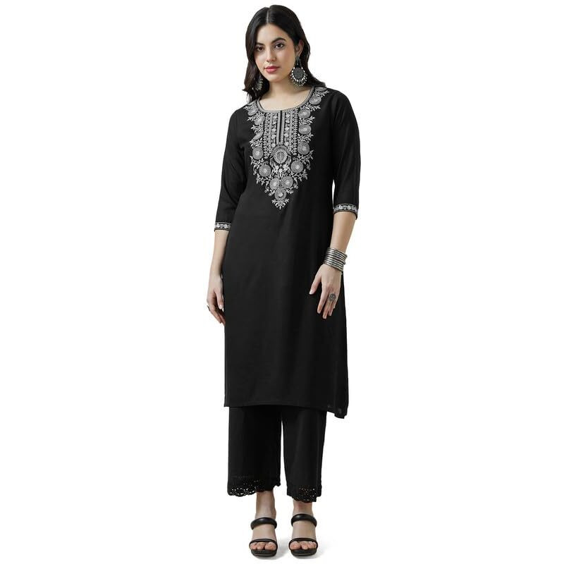 Soch Womens Black Rayon Zari Embroidered Straight Kurta