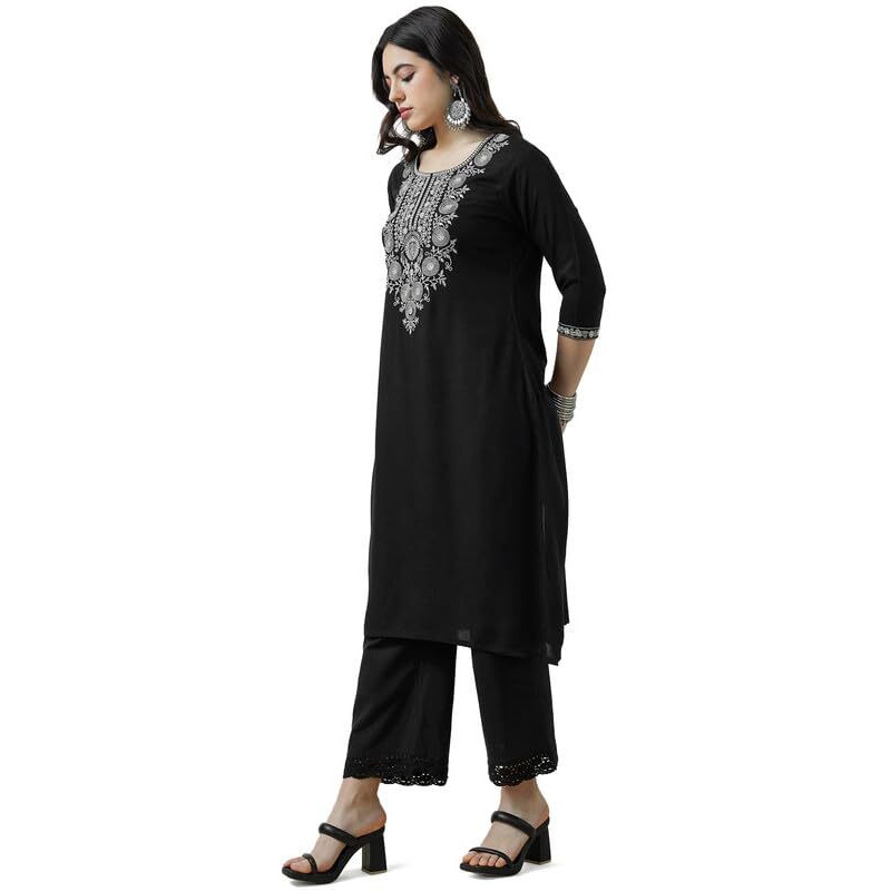 Soch Womens Black Rayon Zari Embroidered Straight Kurta