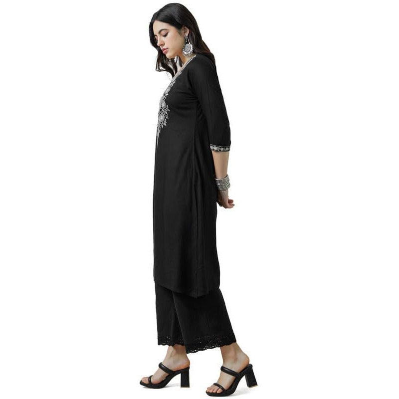 Soch Womens Black Rayon Zari Embroidered Straight Kurta