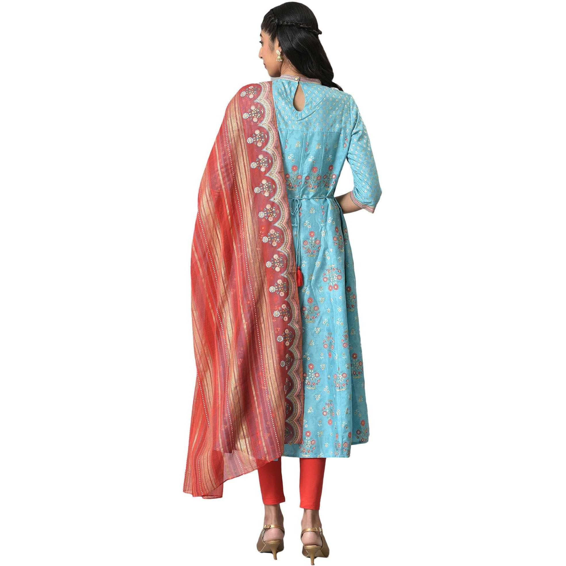 Aurelia Women Blue Foil Printed Kurta With Red Tights And Printed Dupatta_22Aud10474-504008_S