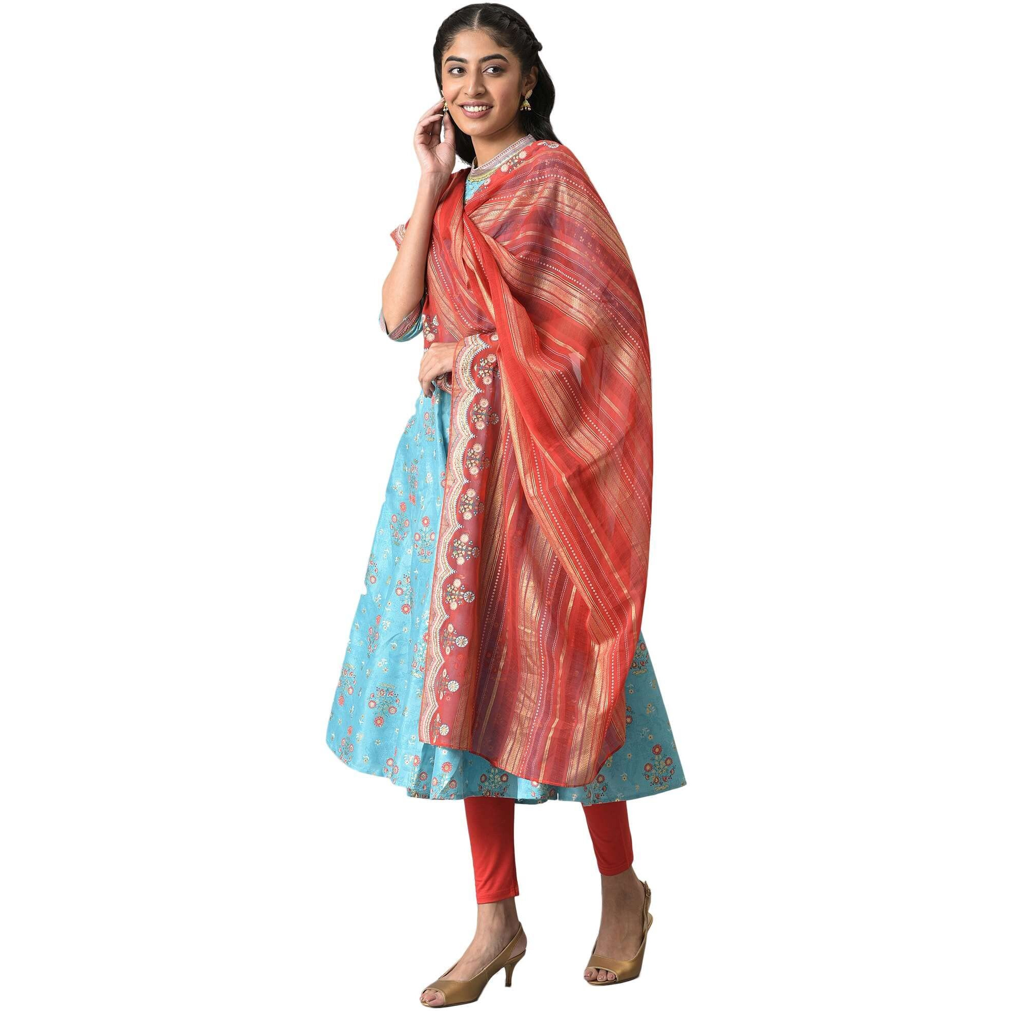 Aurelia Women Blue Foil Printed Kurta With Red Tights And Printed Dupatta_22Aud10474-504008_S
