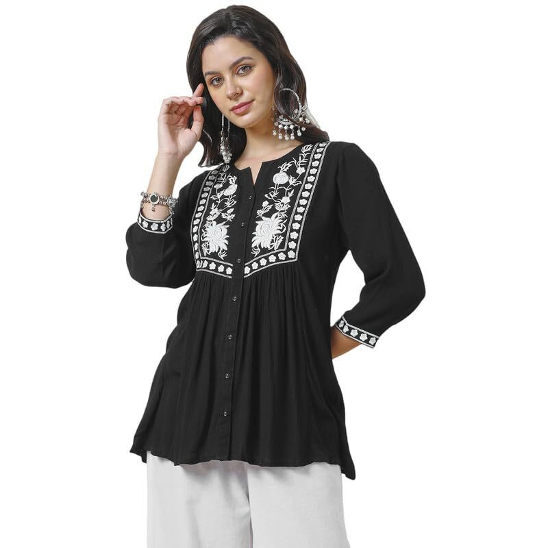 Soch Womens Black Rayon Crepe Embroidered Tunic With Thread Work