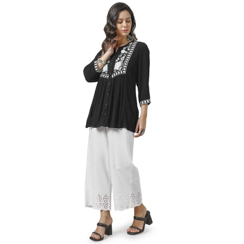 Soch Womens Black Rayon Crepe Embroidered Tunic With Thread Work