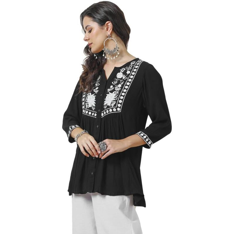 Soch Womens Black Rayon Crepe Embroidered Tunic With Thread Work