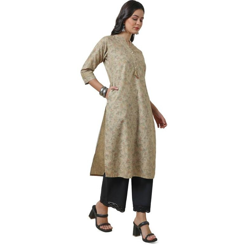 Soch Womens Beige Botanical Linen Blend Kurta With Tassels