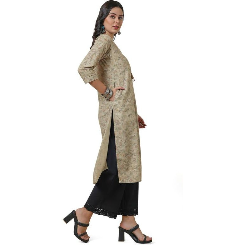 Soch Womens Beige Botanical Linen Blend Kurta With Tassels