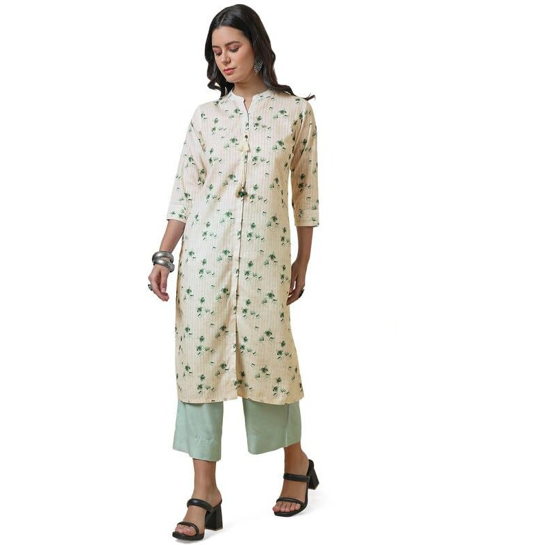 Soch Womens Off White Floral Print Linen Blend Kurta With Tassels