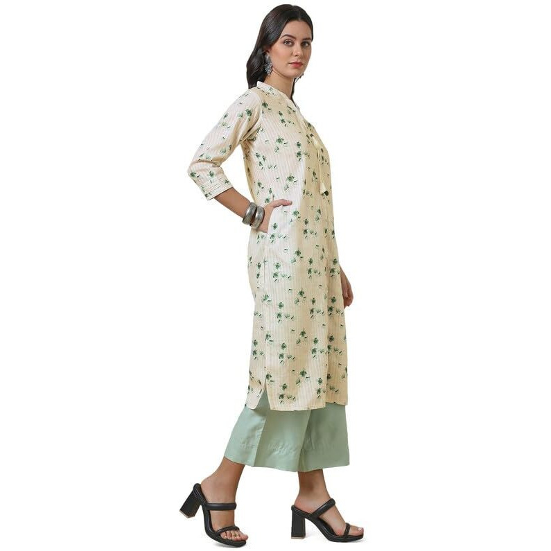 Soch Womens Off White Floral Print Linen Blend Kurta With Tassels