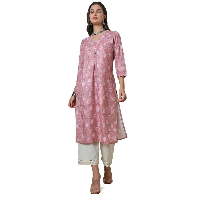 Soch Womens Onion Pink Linen Blend Paisley Print Kurta