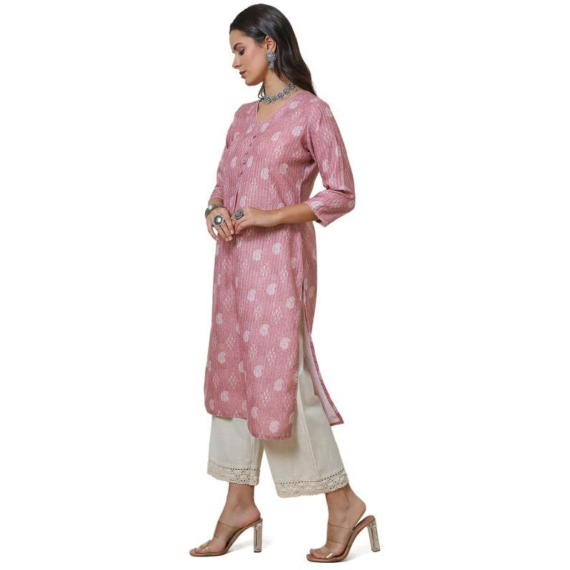 Soch Womens Onion Pink Linen Blend Paisley Print Kurta