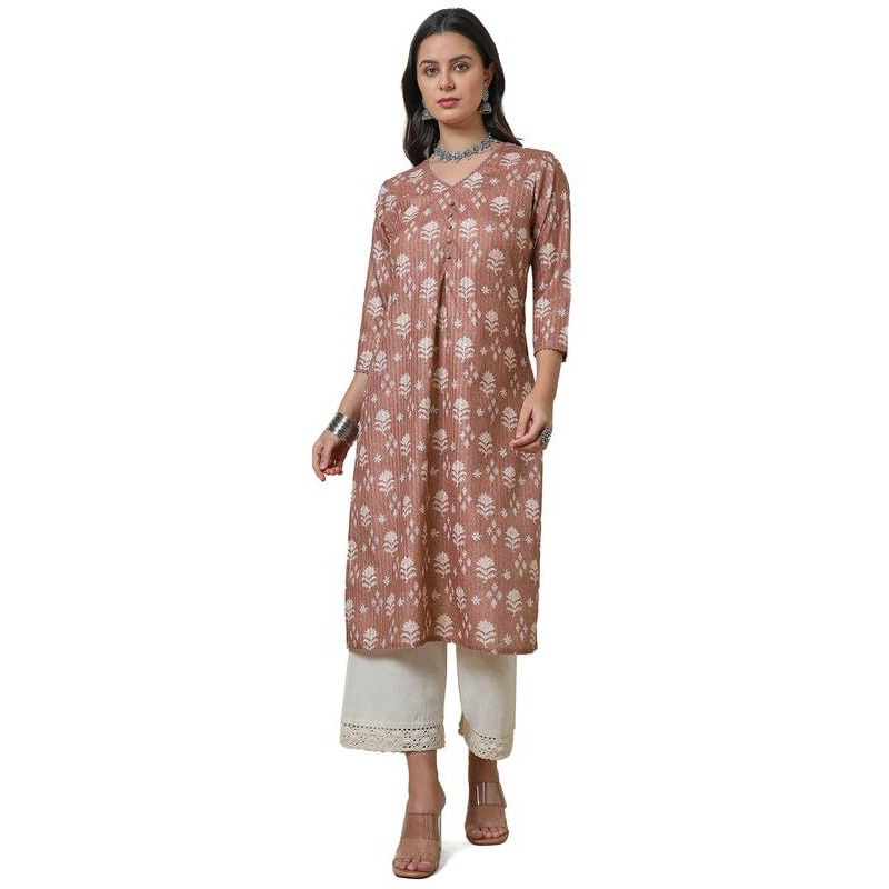 Soch Womens Earth Linen Blend Floral Print Kurta With Lace