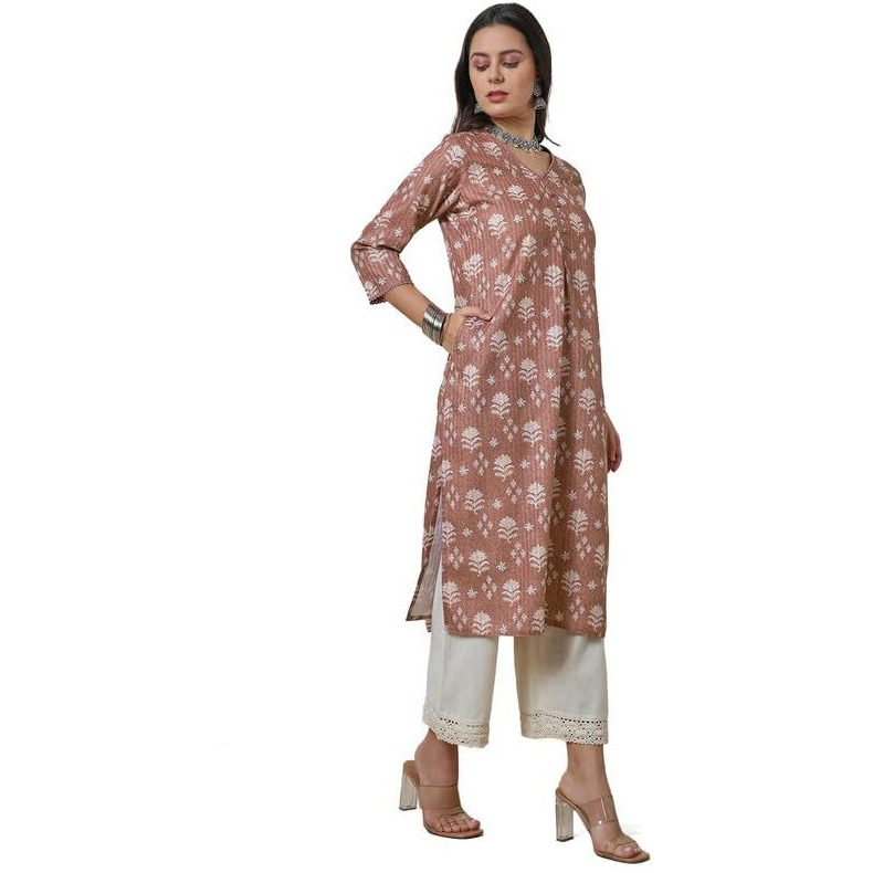 Soch Womens Earth Linen Blend Floral Print Kurta With Lace