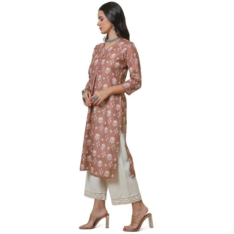 Soch Womens Earth Linen Blend Floral Print Kurta With Lace