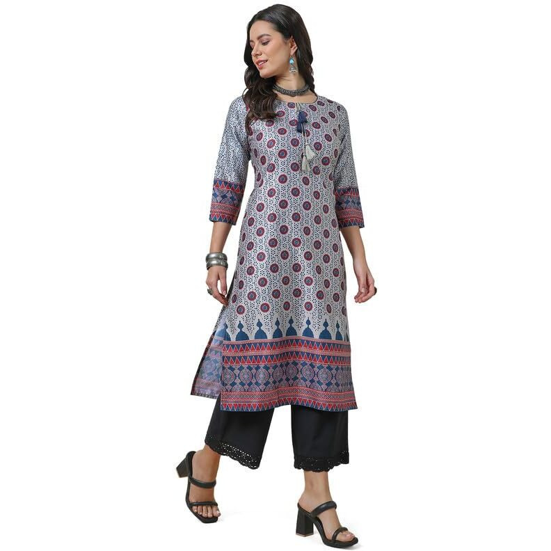 Soch Womens Grey Ethnic Motifs Kurta With Tie-Up Neck
