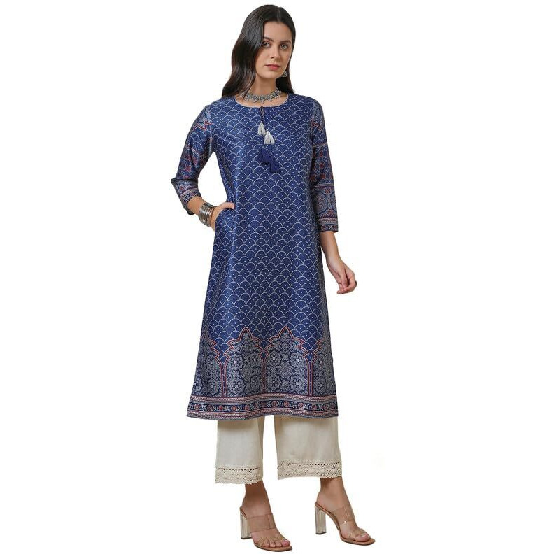 Soch Womens Blue Geometric Print Kurta With Tassels
