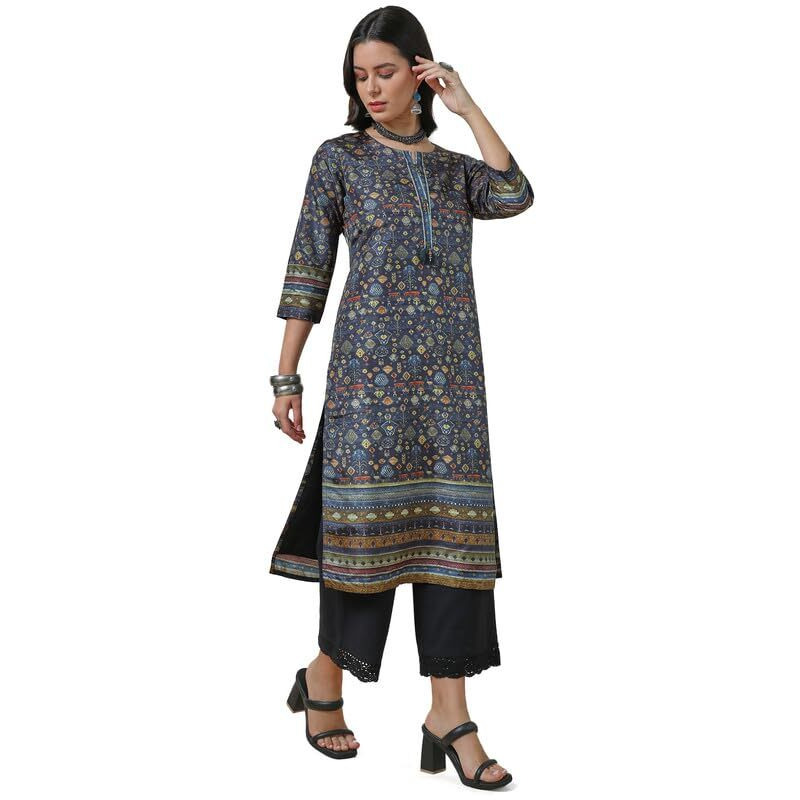 Soch Womens Charcoal Silk Blend Abstract Print Kurta With Tassels