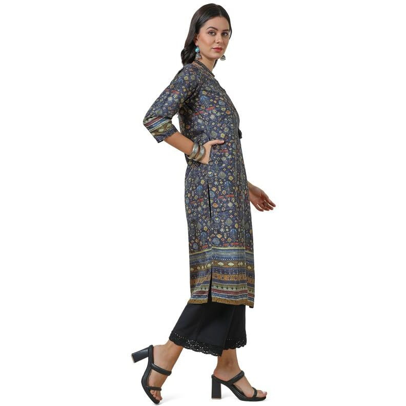 Soch Womens Charcoal Silk Blend Abstract Print Kurta With Tassels